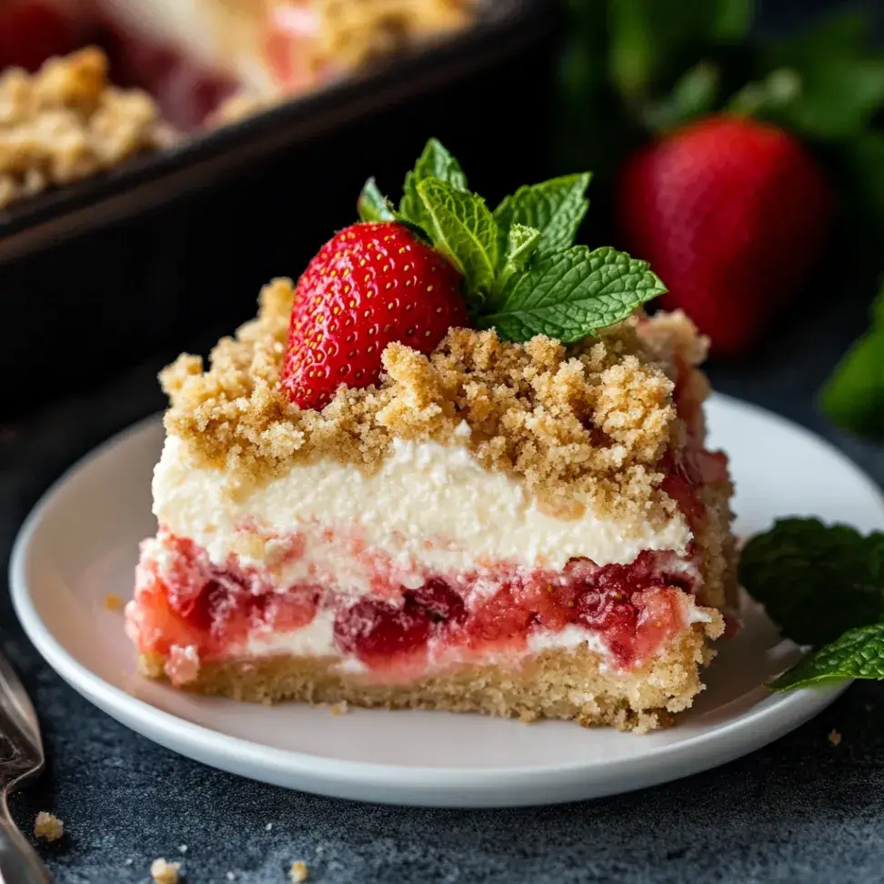 Angled view of strawberry cheesecake dump cake recipe slice.