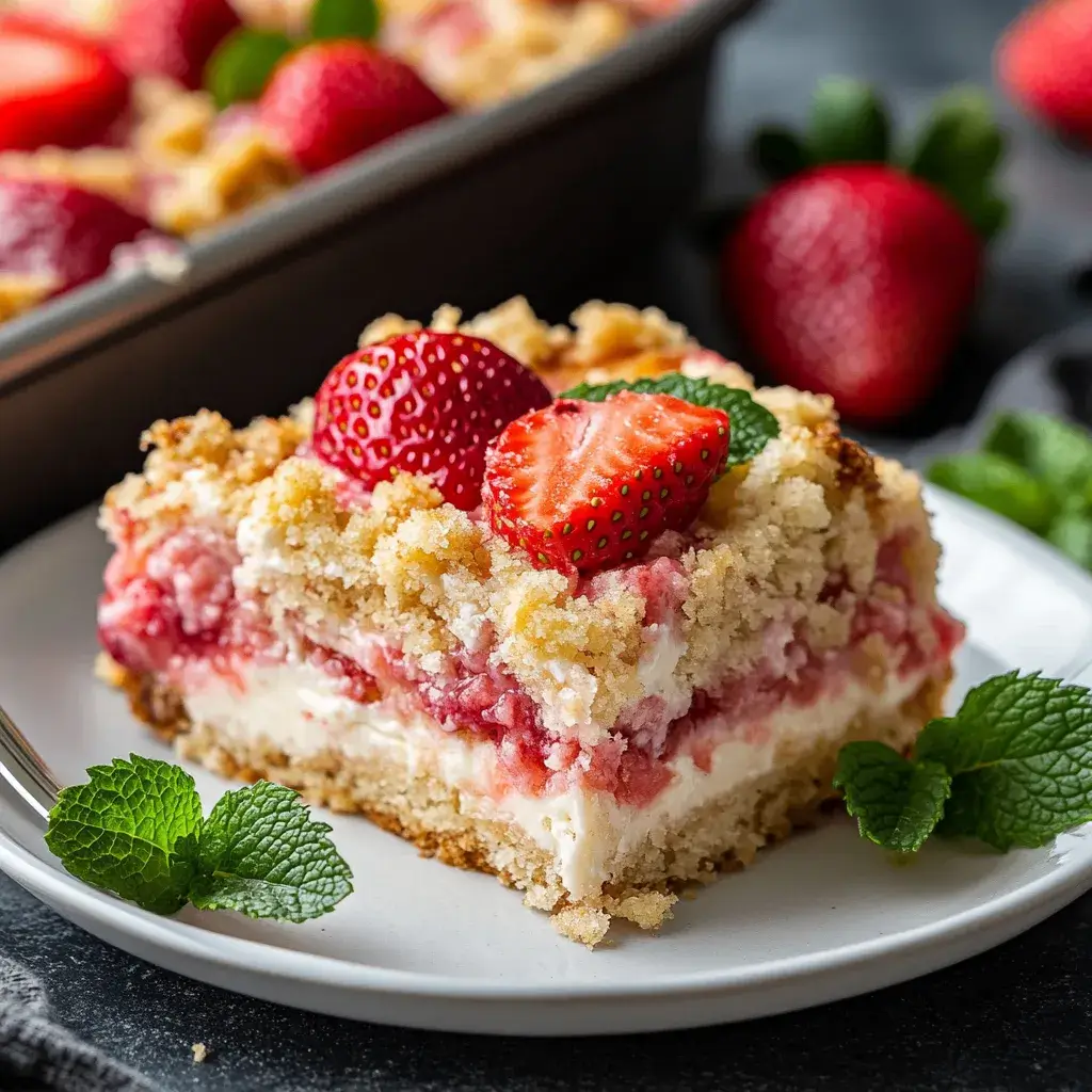 A slice of strawberry cheesecake dump cake recipe on a white plate with fresh strawberries and mint leaves as garnish.