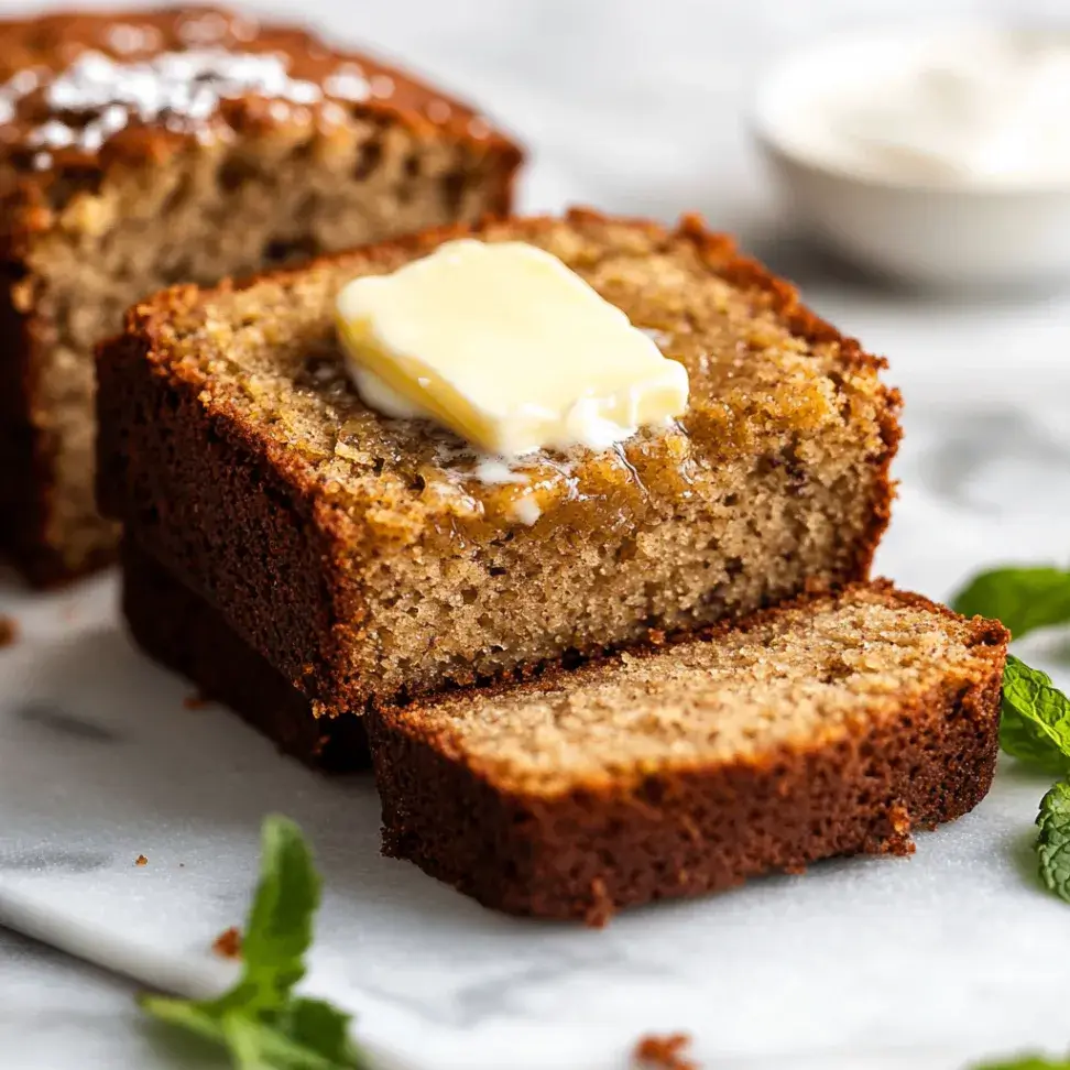 A close-up of a slice of banana bread with a golden-brown crust, topped with a melting pat of butter. The background features the remaining loaf and a small dish of butter.