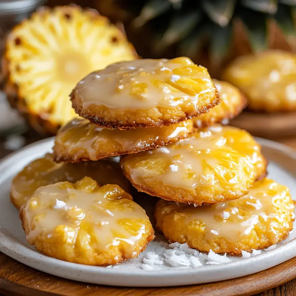 Angled close-up of stacked pineapple cookie recipe on a white ceramic plate with golden edges and glossy glaze. Crumbs are scattered around the plate with halved pineapples and shredded coconut in the background.