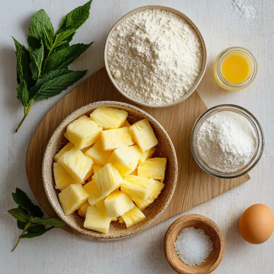 Flat-lay of raw ingredients for pineapple cookies including flour, butter, sugar, eggs, vanilla extract, baking powder, crushed pineapple, fresh mint sprigs, and salt arranged neatly on a wooden cutting board.