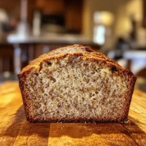 A cross-section of a paula deen banana bread recipe placed on a wooden surface, with a warm kitchen background.